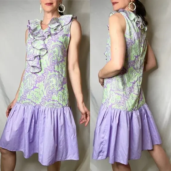 Vintage 60s ruffle front paisley print drop‎ waist midi dress lilac purple green - Picture 15 of 15